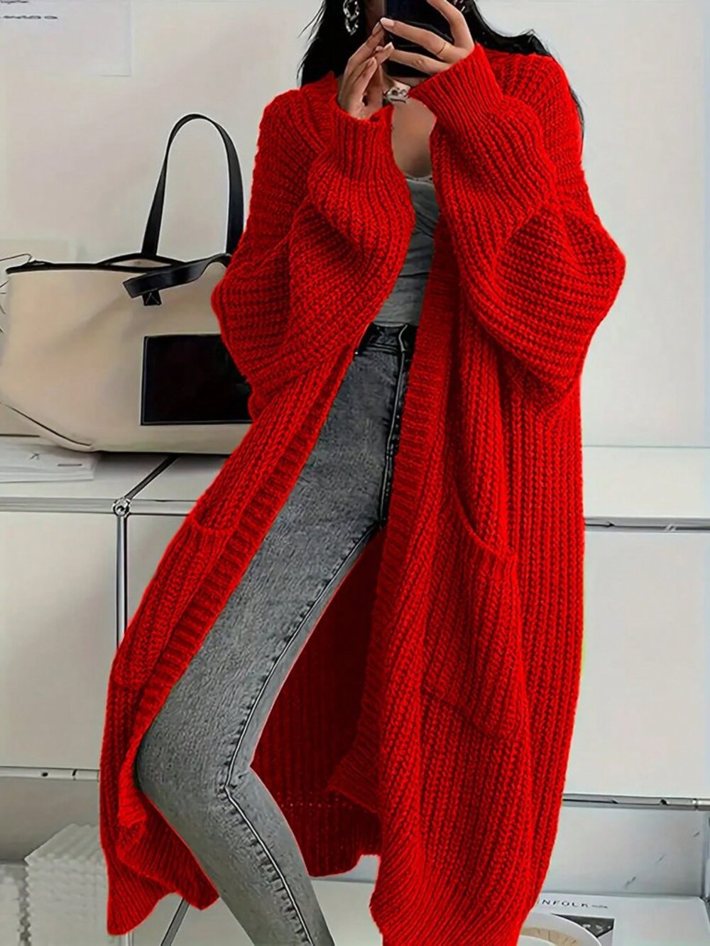 Red Casual Women's Plus Size V-Neck Pockets Ribbed Knitted Cardigan